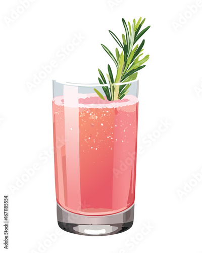 Pink Grapefruit Drink in a Tall Glass with a Garnish of Rosemary and Citrus - Vector Illustration