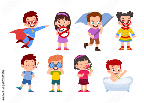 Set of cute little kids cartoon characters with various activities, little kid holding flag, in bathtub, superhero costume, binoculars, whistling, clown costume, no smoking sign, smelling flower.