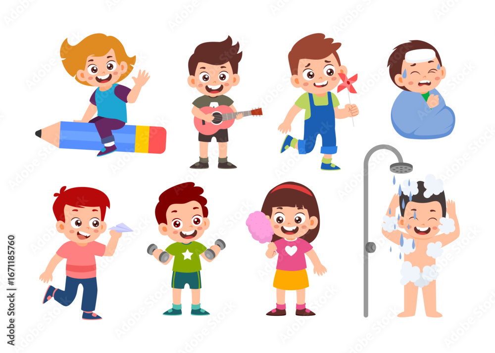 Set of cute little kids cartoon characters with various activities, little kids in shower, lifting dumbbles, playing guitar, paper airplane, windmill, blanket,sick, eating cotton candy, flying pencil Set of cute little kids cartoon characters with various activities, little kids in shower, lifting dumbbles, playing guitar, paper airplane, windmill, blanket,sick, eating cotton candy, flying pencil