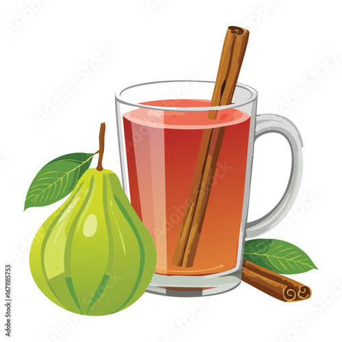 Refreshing Hot Spiced Pear Cider with Cinnamon Stick and Grapes - Vector Illustration