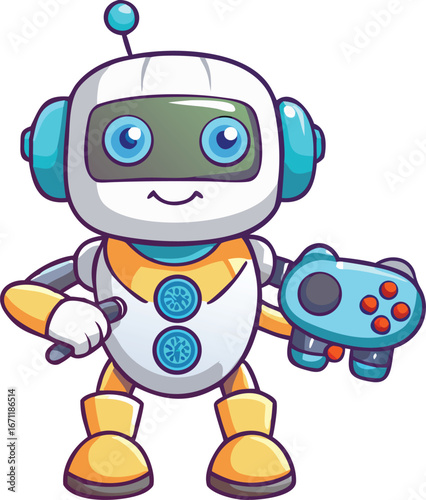Cute cartoon robot holding a game controller isolated on white background, perfect for children