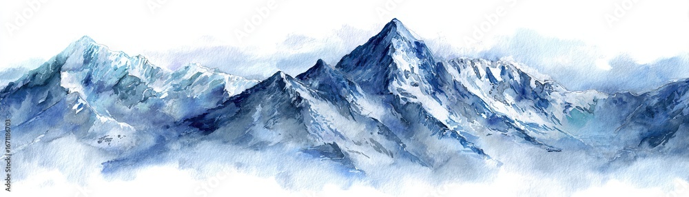 Obraz premium A serene watercolor painting of majestic snow-capped mountains, surrounded by soft clouds, conveying a sense of tranquility and natural beauty.