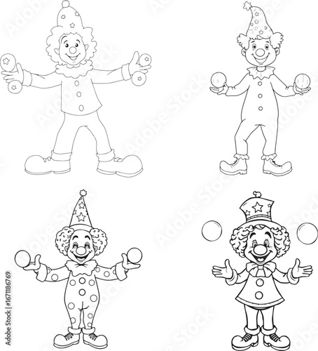 clown coloring vector illustration – circus character line art set