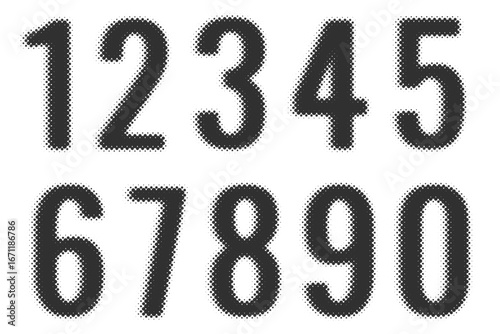Halftone numbers with pixel pattern effect. Vector font shapes for collage and graphic design. Typographic trendy dither grainy elements on white background