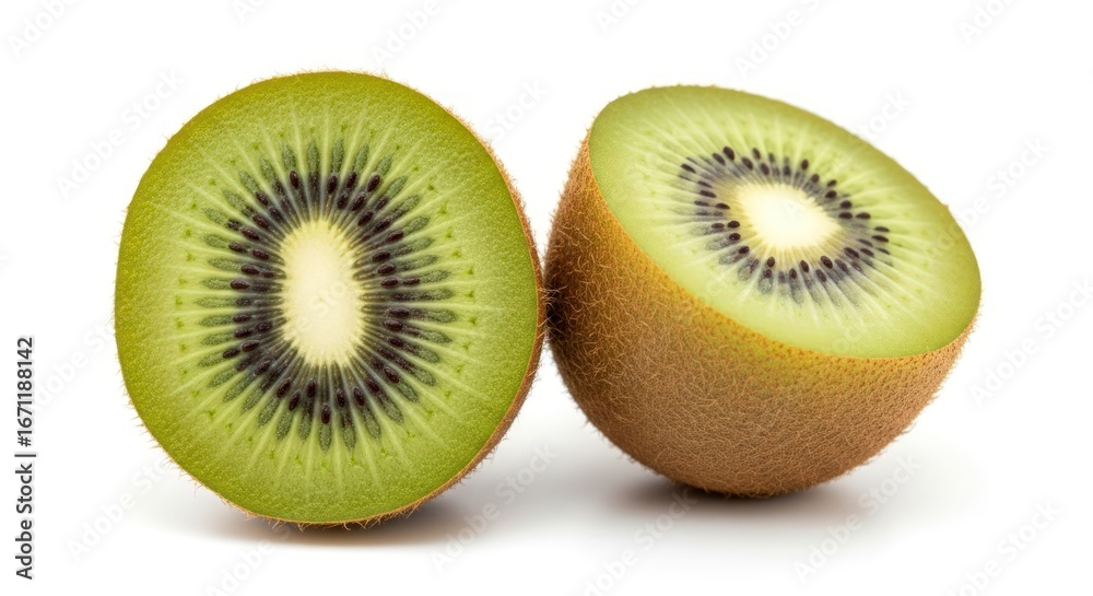 Fototapeta premium Two Halves of a Fresh Kiwi Fruit on White Background