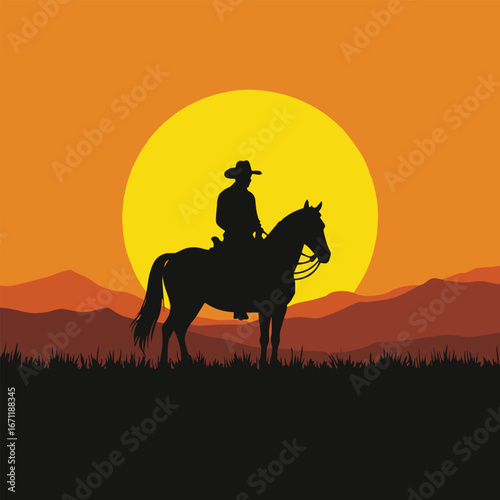 cowboy on horse at sunset vector illustration – western wild west scene