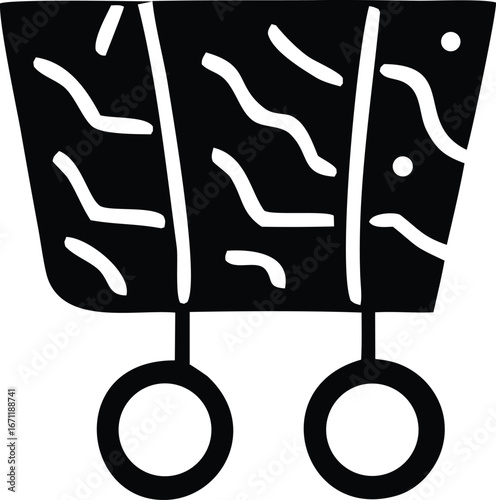 Stylized black shopping cart icon with wavy lines and circles representing a vintage or abstract retail concept