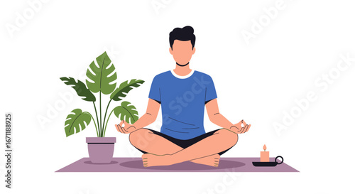 Man practicing mindfulness with a lush plant and a glowing candle in serene zen pose