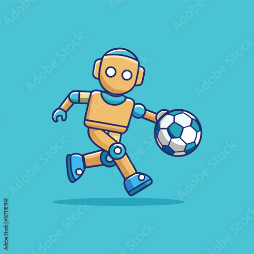 A robot soccer player is dribbling the ball with its foot on a blue background illustration