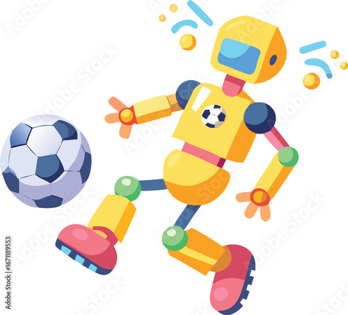 A playful robot kicks a soccer ball with enthusiasm isolated on white background
