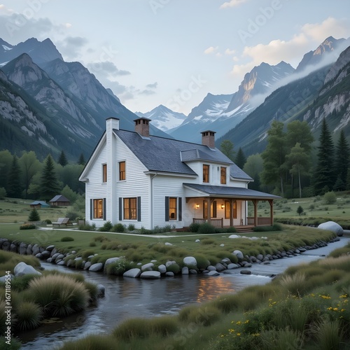 Rustic Modern Farmhouse Exterior with Lush Green Landscape