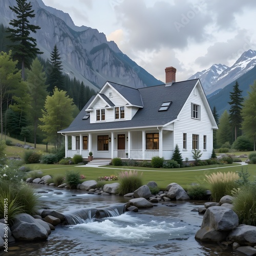 Rustic Modern Farmhouse Exterior with Lush Green Landscape