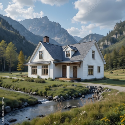 Rustic Modern Farmhouse Exterior with Lush Green Landscape