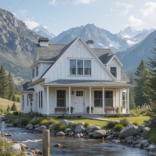 Rustic Modern Farmhouse Exterior with Lush Green Landscape