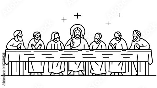 Tableau sur toile Minimalist line art illustration of The Last Supper, showing Jesus with disciples at the table