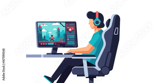 Isolated gamer enjoying pixelated platform adventure in comfortable gaming chair
