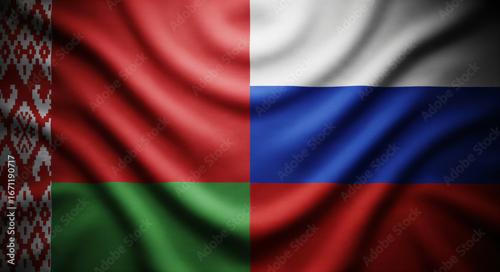 Obraz premium Belarus And Russia Fabric Flags Split Screen Divided With High Detail Texture And Subtle Folds Covering Full Canvas Dramatic Vignette Lighting JPG