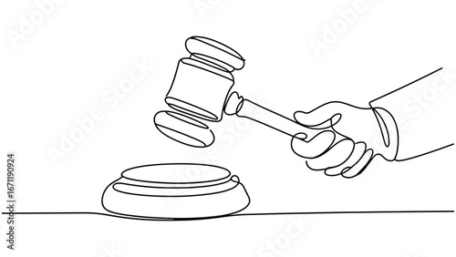Continuous line drawing of judge hand holding gavel
