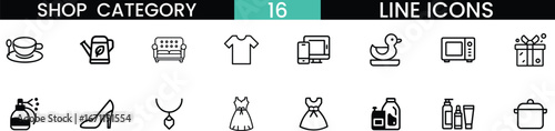 Diverse shop category line icons set for e-commerce and retail applications vector