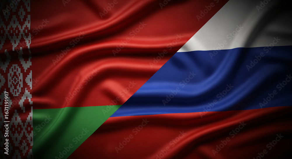 Fototapeta premium Belarus And Russia Fabric Flags Split Screen Diagonally Divided With High Detail Texture And Folds Covering Full Canvas Dramatic Vignette Lighting JPG