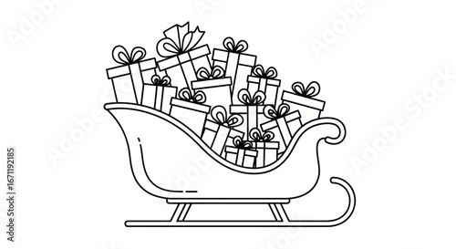 Festive sleigh brimming with gifts, outlined in a crisp, monochrome illustration drawing evoking