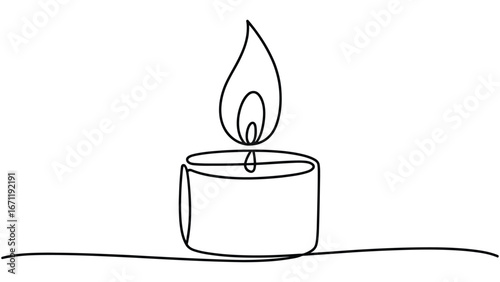 Continuous line drawing of burning candle with flame
