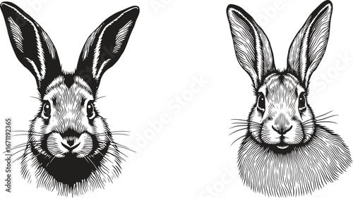 hand draw rabbit portrait vector illustrations – bunny pet and wildlife art