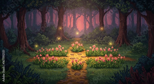 Pixel Art Forest Path with Flowers
