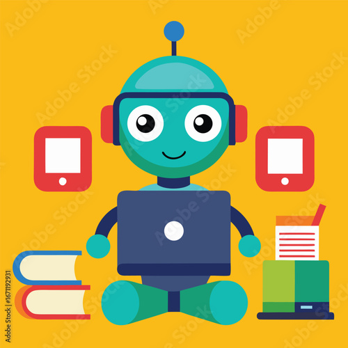Cartoon robot studying with books and computer isolated on white background