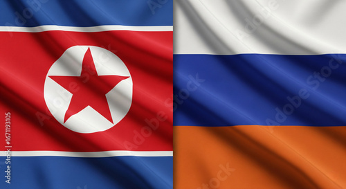 Free Download Russia And North Korea Fabric Flags Split Screen Divided With High Detail Texture And Folds Covering Full Canvas Natural Lighting Realistic JPG - GFXLoad