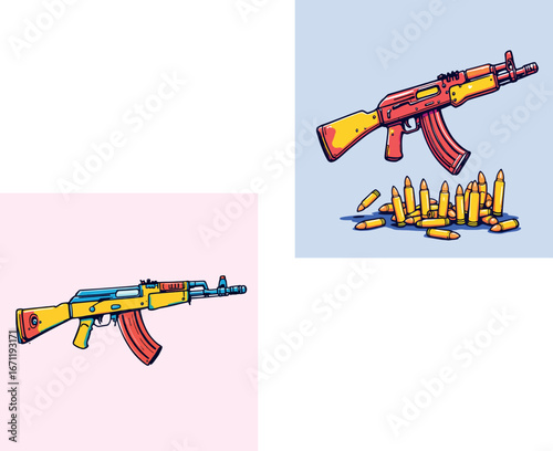 Vsai colorful assault rifle and bullets depicting war and violence