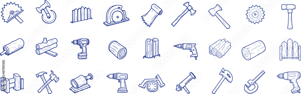 Fototapeta premium hand-drawn tools icon pack – carpentry and construction vector set