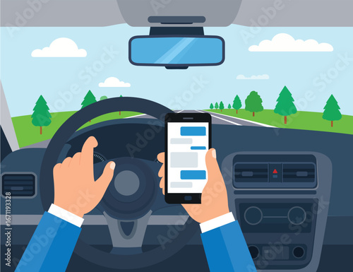 Person using a smartphone while driving the car, chatting while driving, traffic accident, graphic design, conceptual vector illustration. Mobile phone addiction, Dangerous Behavior
