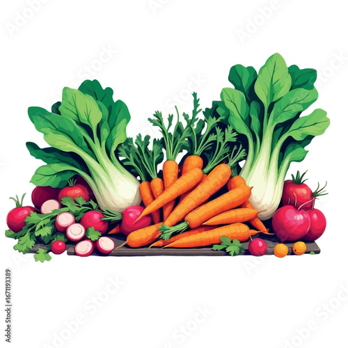Vsai fresh vegetables lying on wooden cutting board, carrots, bok choy, radishes and tomatoes