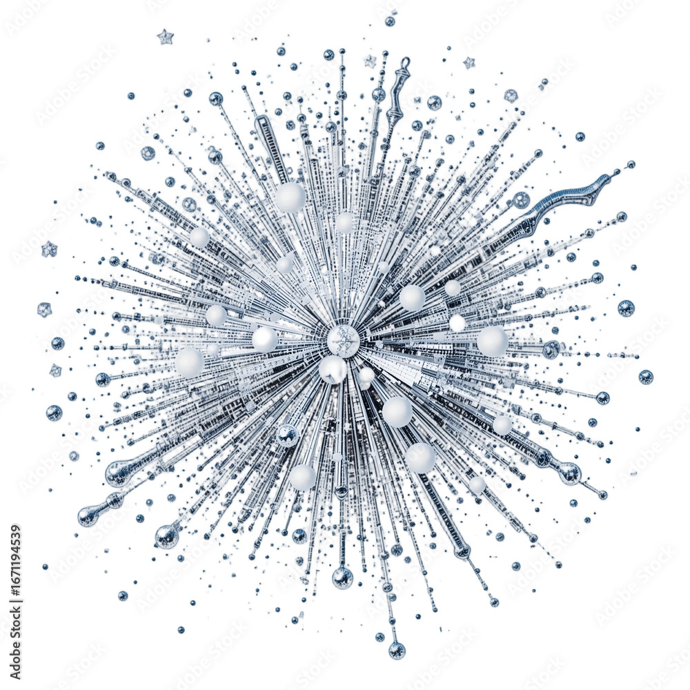 Obraz premium Abstract metallic particle starburst explosion with glowing connections on white background, futuristic digital design