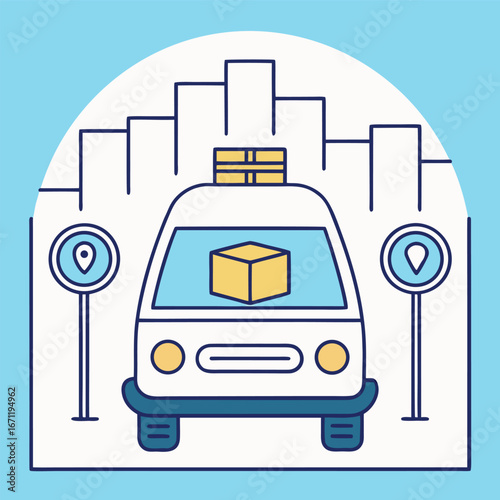 A delivery car is carrying a package in the city, ready to deliver it to the customer