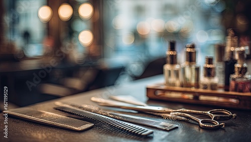 Barber shop tools on a countertop.  Blurred background of salon