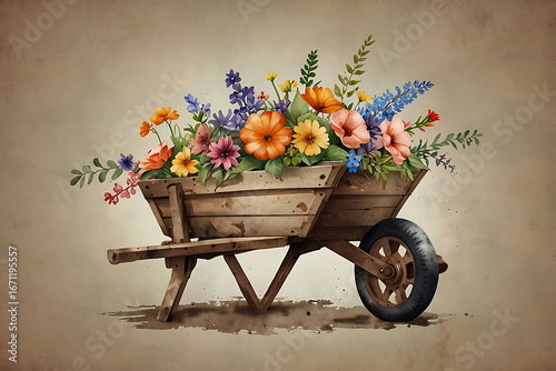 Wheelbarrow filled with colorful flowers in a garden setting