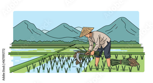 Illustration showcasing a traditional farmer harvesting rice in a serene paddy field