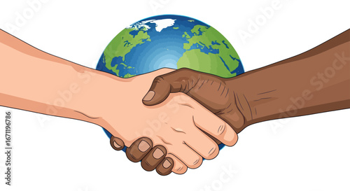 International collaboration featuring diverse hands shaking against world globe backdrop
