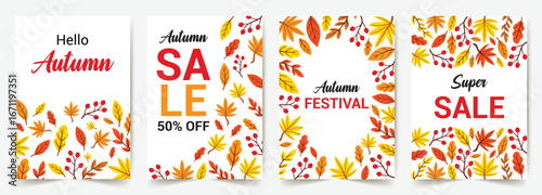 Autumn fall leaf for september shopping sale or promo poster or frame leaflet or social media. Vector set of abstract backgrounds with copy space for text - autumn sale with autumn golden maple leaves