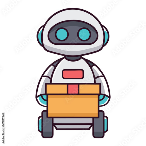 Cute delivery robot with package isolated on white background, offering fast and reliable service