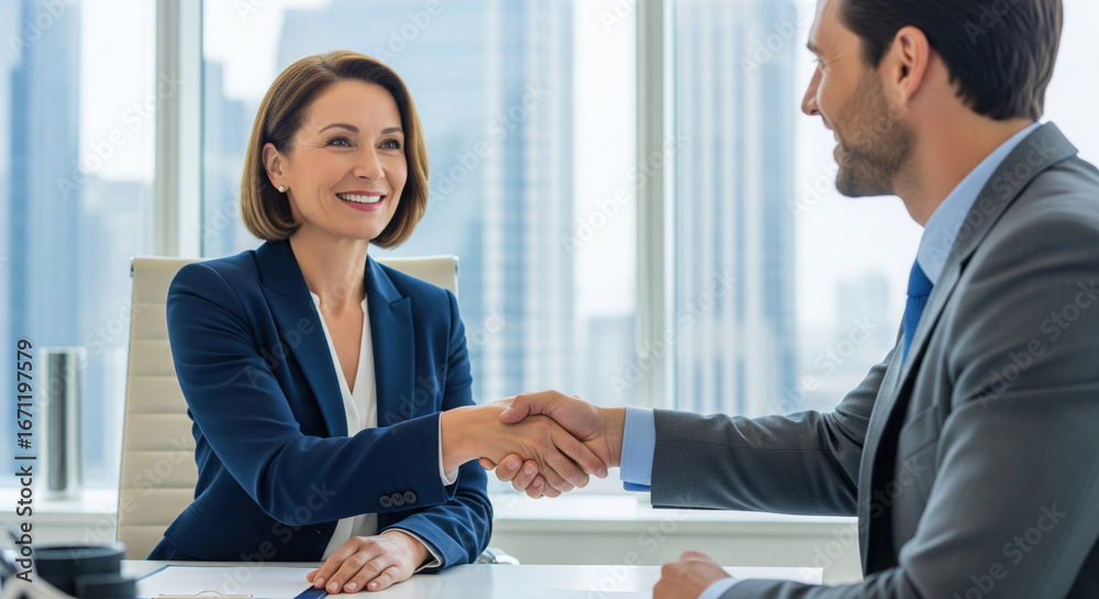 Fototapeta premium 5. Business handshake concept. Happy middle aged professional woman manager and male client or partner shaking hand expressing trust in b2b partnership at meeting in corporate office. Hiring, onboardi