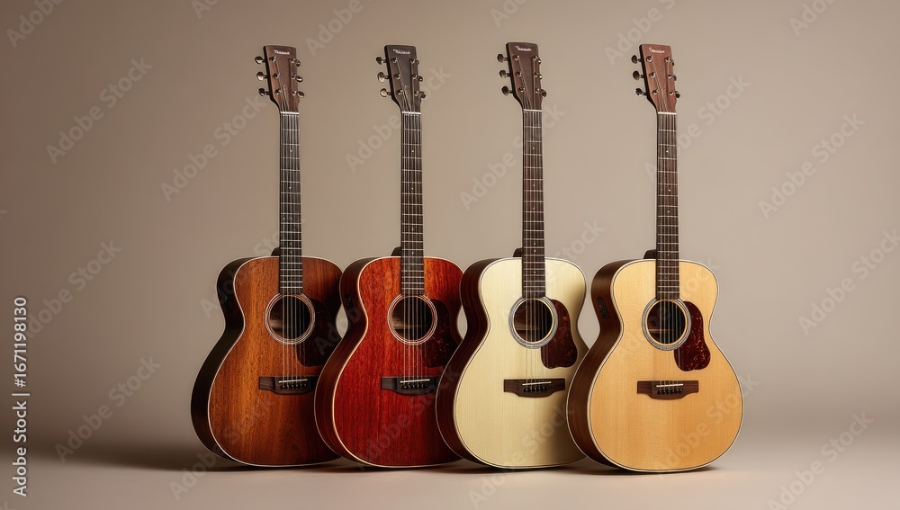 Obraz premium Four acoustic guitars, different wood tones, stand side by side on a plain background