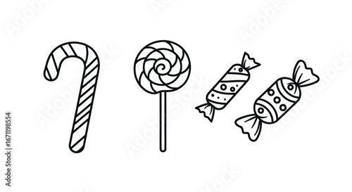 Sweet delights outlined candies and lollipops vector design for confectionery sweetness cravings