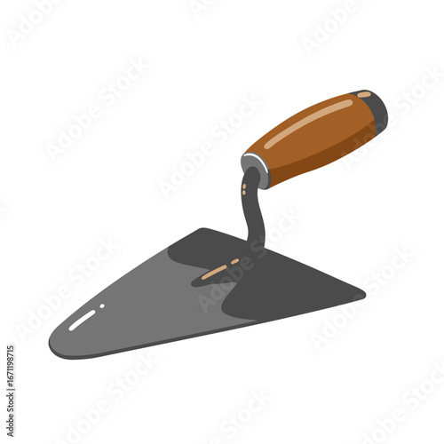 A classic hand trowel, clearly illustrated with a wooden handle and metal blade, essential for construction, gardening, and masonry, isolated on white.