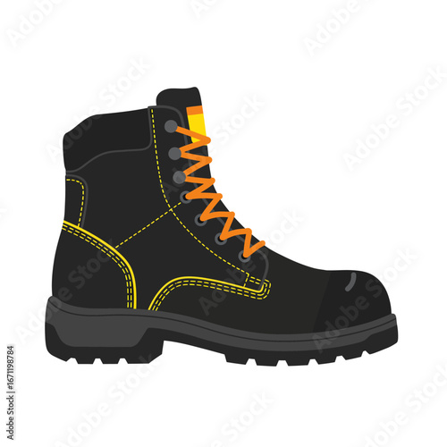 A sturdy black work boot with bright orange laces and yellow stitching, designed for safety and durability in demanding industrial environments, isolated on white.