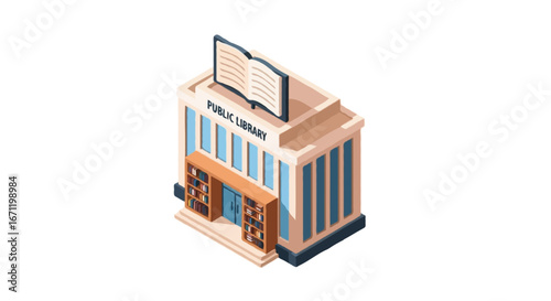 Isometric 2.5D vector illustration of a public library building | Include open book symbol on rooftop, bookshelves at entrance, flat full color, no people, no gradient, isolated on white background