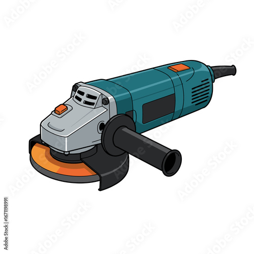 A clean vector illustration depicts an electric angle grinder, a versatile power tool essential for cutting, grinding, and polishing in industrial and DIY settings.