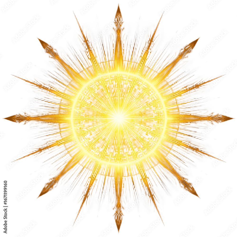 Fototapeta premium Glowing golden radiant sunburst with circular abstract rays on white background, festive star explosion light design